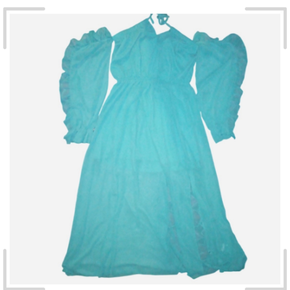 Cupshe Off Shoulder Slit Dress Ruffle Long Sleeve Sheer Dress